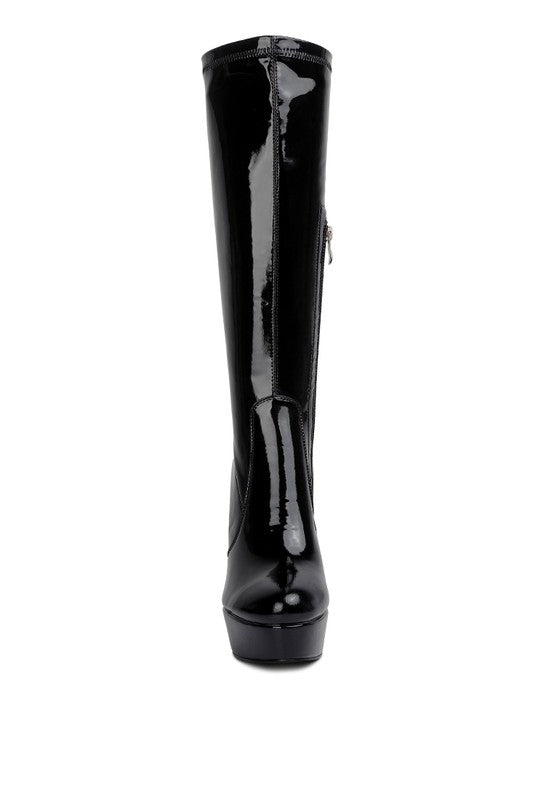 Shawtie High Heeled Stretch Patent Calf Boots by Rag Company | Fleurcouture