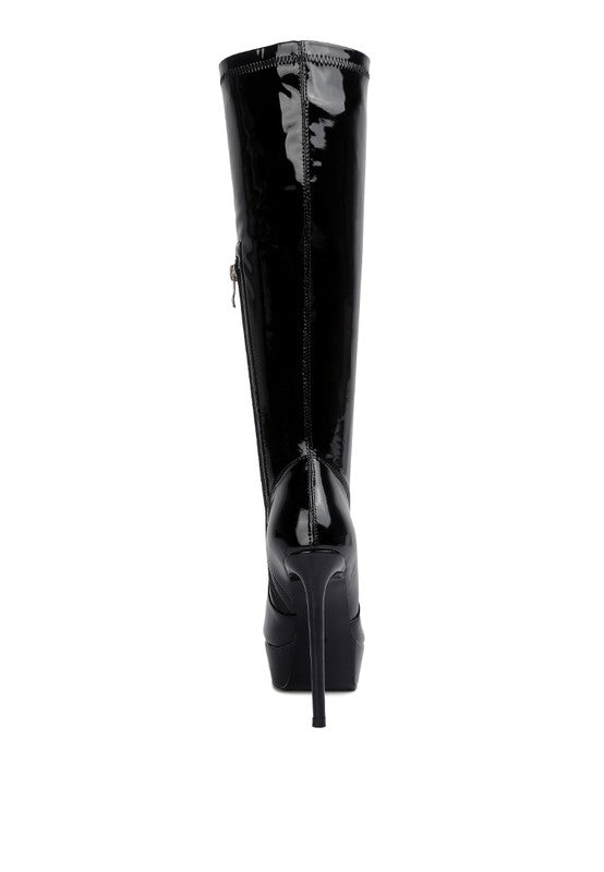 Shawtie High Heeled Stretch Patent Calf Boots by Rag Company | Fleurcouture