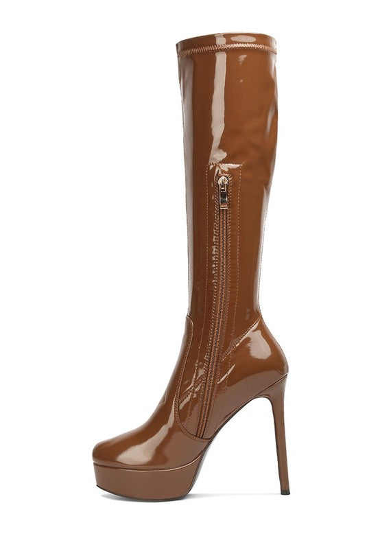 Shawtie High Heeled Stretch Patent Calf Boots by Rag Company | Fleurcouture