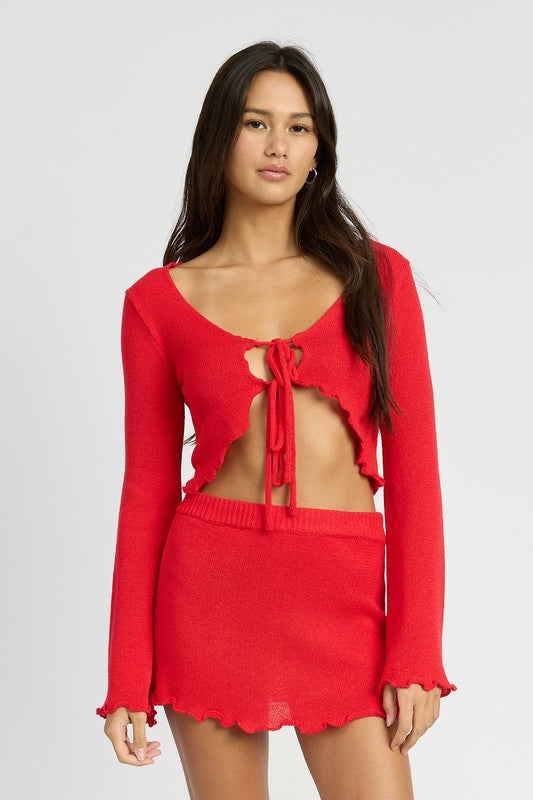 SHEER LONG SLEEVE CARDIGAN WITH FRONT TIE RED S by Emory Park | Fleurcouture
