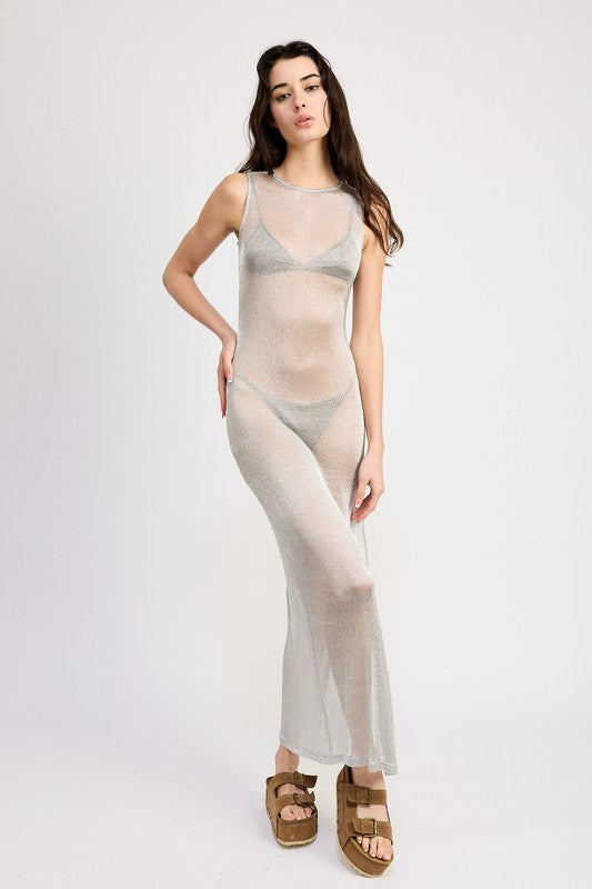 SHEER MAXI DRESS WITH SIDE SLIT SILVER by Emory Park | Fleurcouture