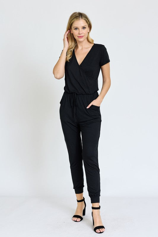 Short Sleeve Jogger Jumpsuit Black 1X by EG fashion | Fleurcouture