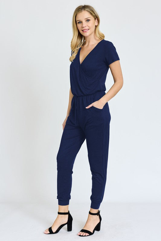 Short Sleeve Jogger Jumpsuit Navy 1X by EG fashion | Fleurcouture