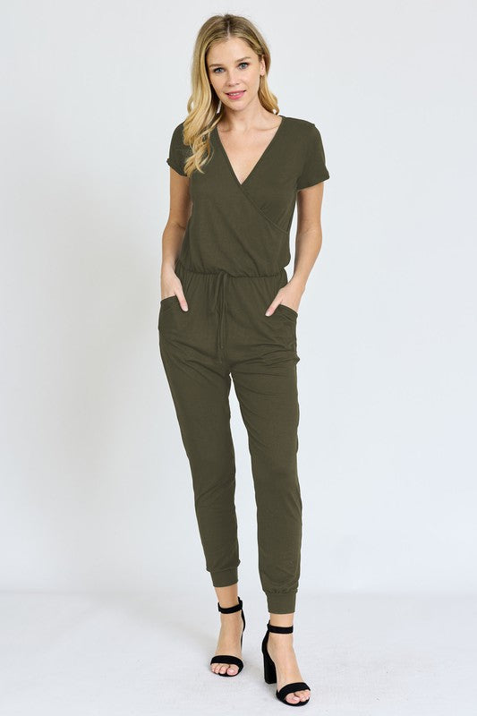 Short Sleeve Jogger Jumpsuit olive S by EG fashion | Fleurcouture