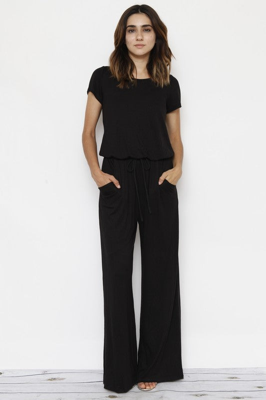 Short Sleeve Jumpsuit W/Pocket Black 1X by EG fashion | Fleurcouture