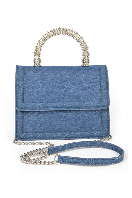 Silver Top Handle Denim Swing Bag Dark Blue O/S by Artini Accessories | Fleurcouture