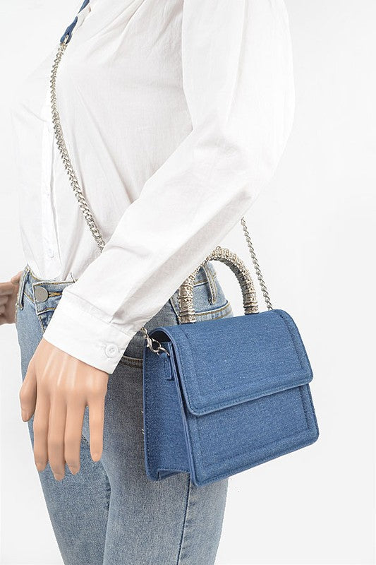 Silver Top Handle Denim Swing Bag O/S by Artini Accessories | Fleurcouture