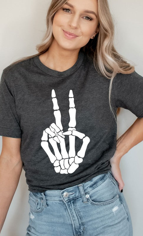 Skeleton Peace Sign Graphic Tee PLUS Heather Charcoal XXL by Kissed Apparel | Fleurcouture
