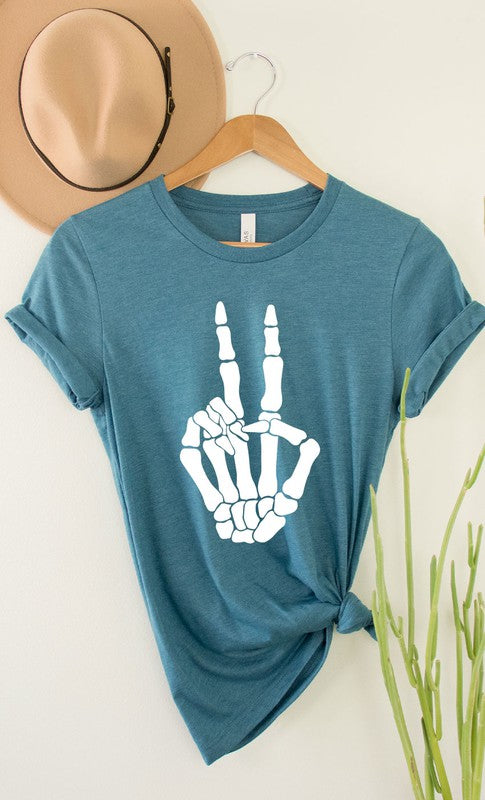 Skeleton Peace Sign Graphic Tee PLUS Heather Deep Teal XXL by Kissed Apparel | Fleurcouture