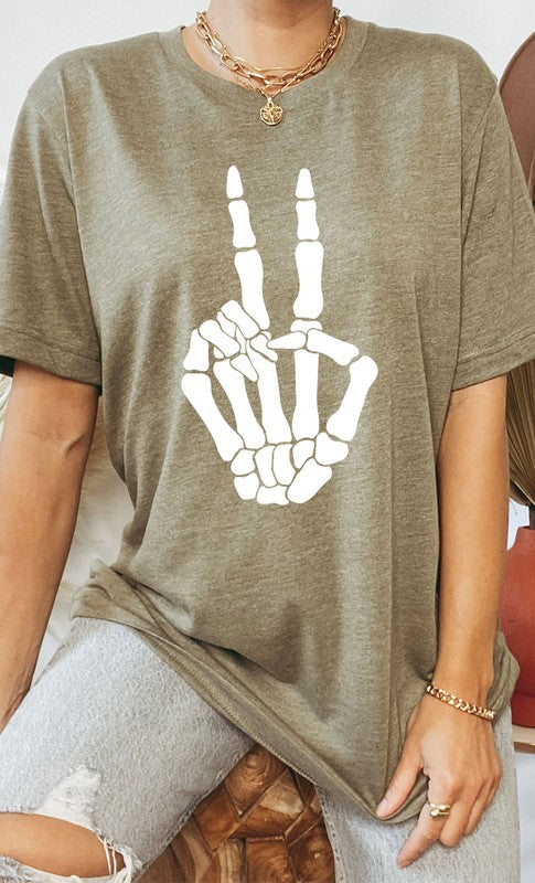 Skeleton Peace Sign Graphic Tee PLUS Heather Olive XXL by Kissed Apparel | Fleurcouture