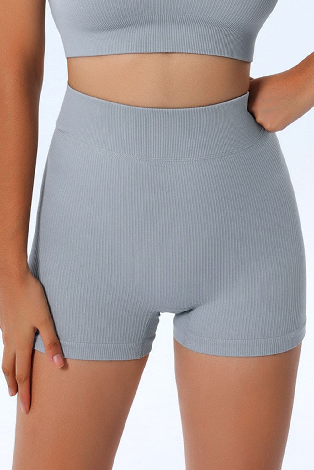 Sky Blue Peach Hip Fitness Yoga Shorts Gray L Activewear by Fleurcouture | Fleurcouture