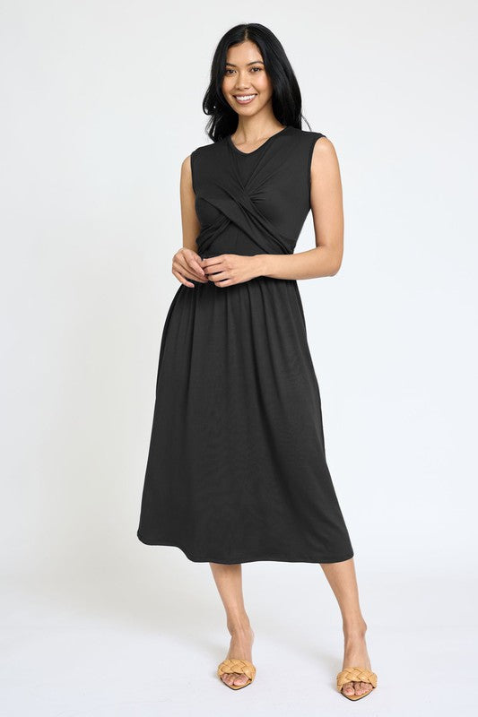 Sleeveless Cross-Over Bodice Midi Dress Black S by EG fashion | Fleurcouture