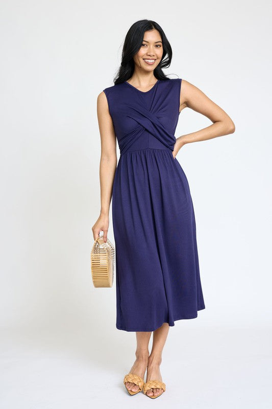 Sleeveless Cross-Over Bodice Midi Dress by EG fashion | Fleurcouture