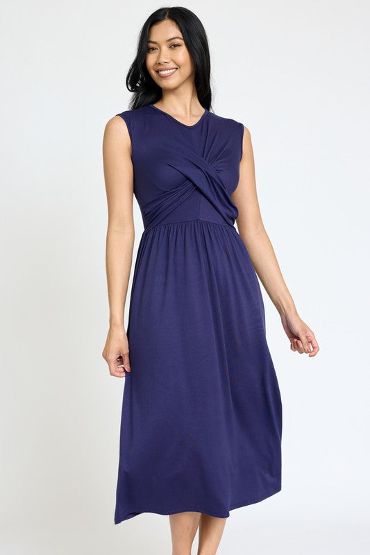 Sleeveless Cross-Over Bodice Midi Dress Navy S by EG fashion | Fleurcouture