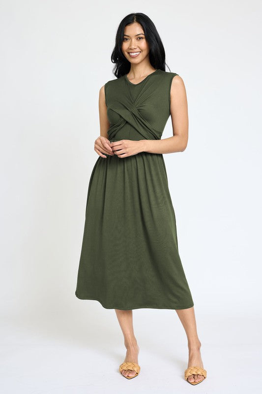 Sleeveless Cross-Over Bodice Midi Dress olive S by EG fashion | Fleurcouture
