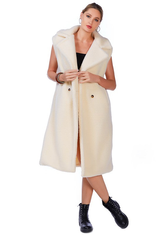 Sleeveless Double Breasted Teddy Coat Cream by Rag Company | Fleurcouture