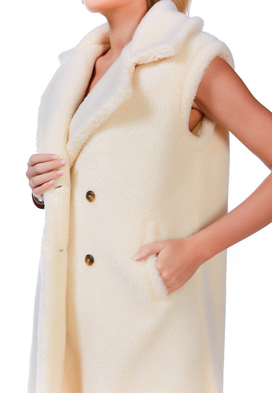 Sleeveless Double Breasted Teddy Coat Cream by Rag Company | Fleurcouture