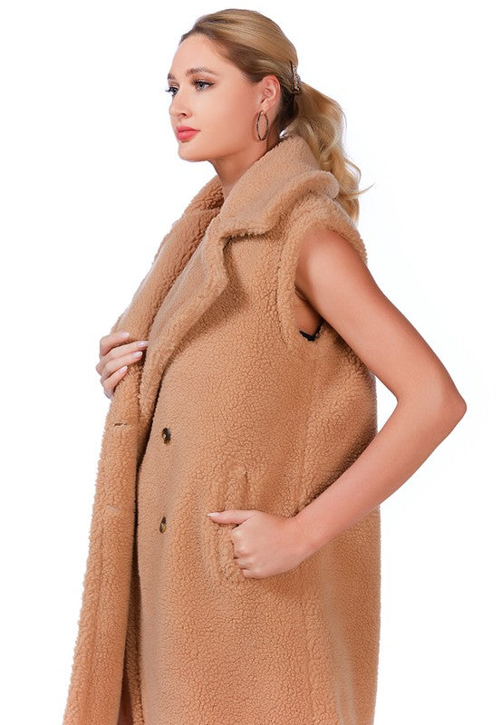 Sleeveless Double Breasted Teddy Coat Cream by Rag Company | Fleurcouture