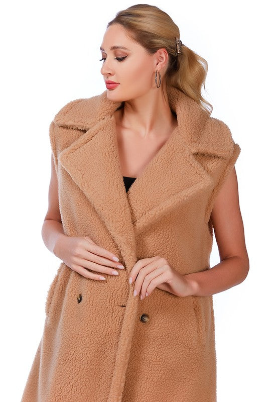 Sleeveless Double Breasted Teddy Coat Cream by Rag Company | Fleurcouture