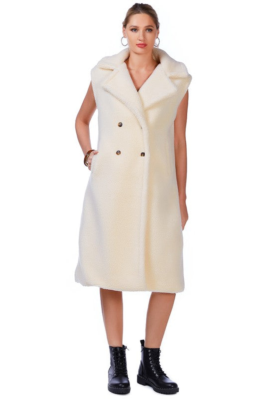 Sleeveless Double Breasted Teddy Coat Cream XS by Rag Company | Fleurcouture