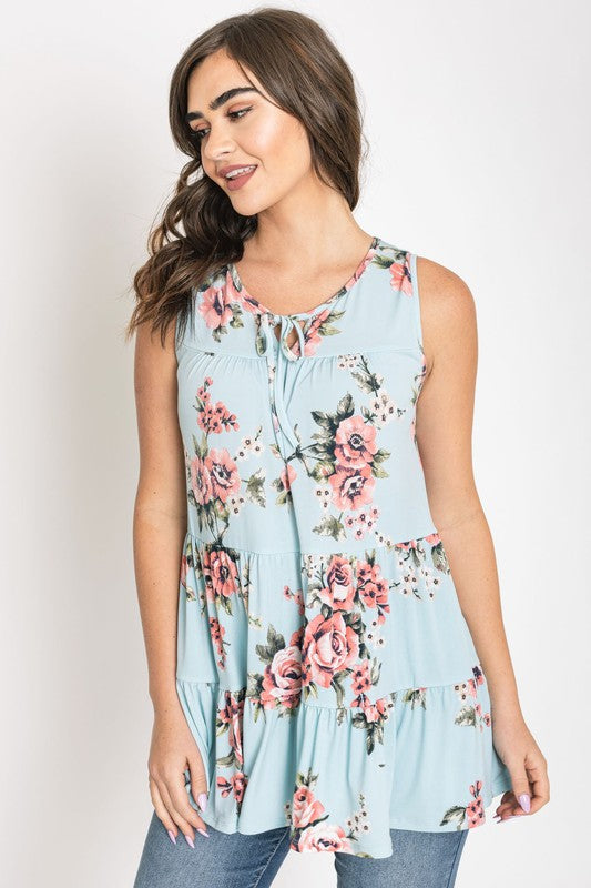 Sleeveless Floral Tiered Tunic Mint S by EG fashion | Fleurcouture