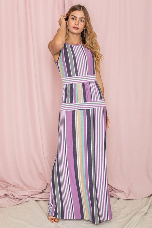 Sleeveless Mix Stripe Maxi Dress by EG fashion | Fleurcouture