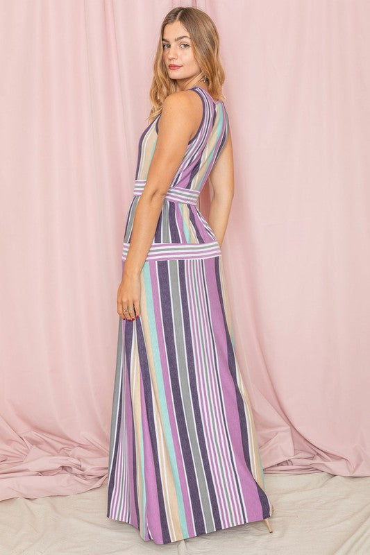 Sleeveless Mix Stripe Maxi Dress Lilac Sage 1X by EG fashion | Fleurcouture