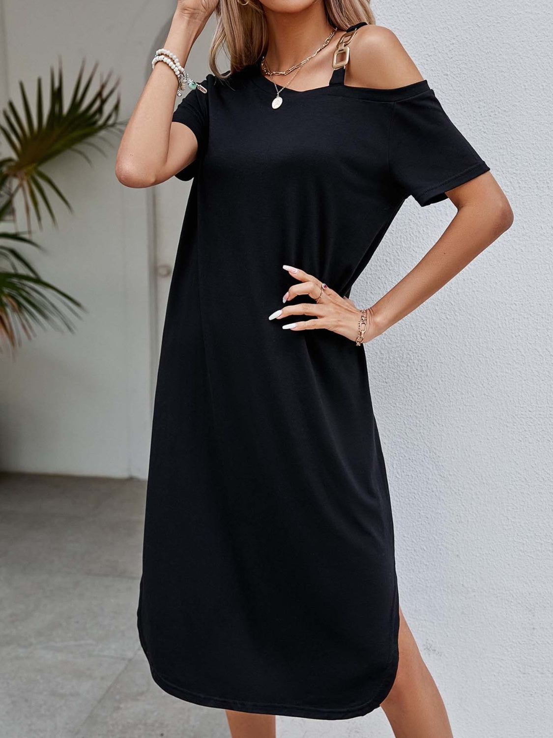 Slit Asymmetrical Neck Short Sleeve Dress Black Women&