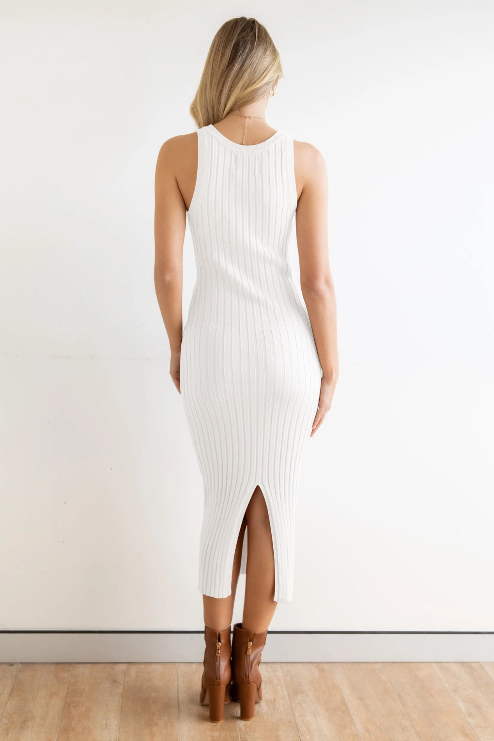 Slit Ribbed Round Neck Sleeveless Dress Women&