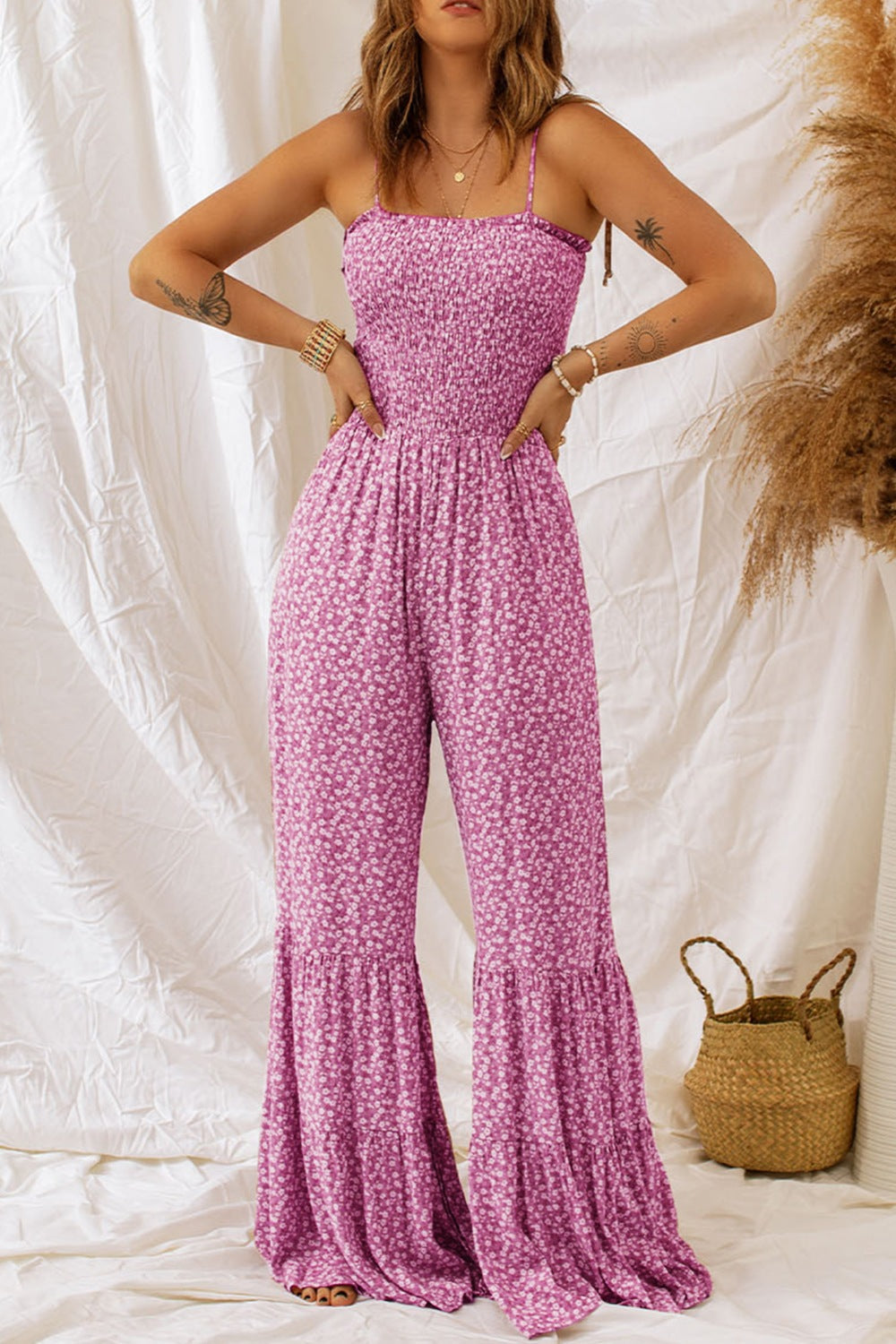 Smocked Printed Wide Strap Jumpsuit Jumpsuits by Trendsi | Fleurcouture