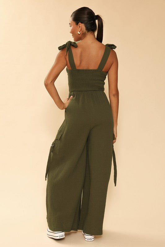 Smocked wide leg cargo jumpsuit Olive by Miss Sparkling | Fleurcouture