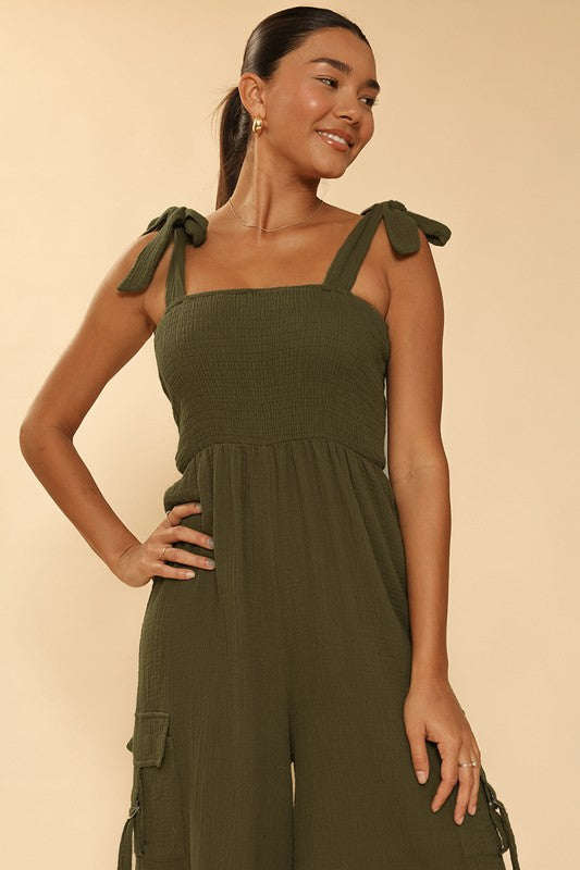 Smocked wide leg cargo jumpsuit Olive by Miss Sparkling | Fleurcouture