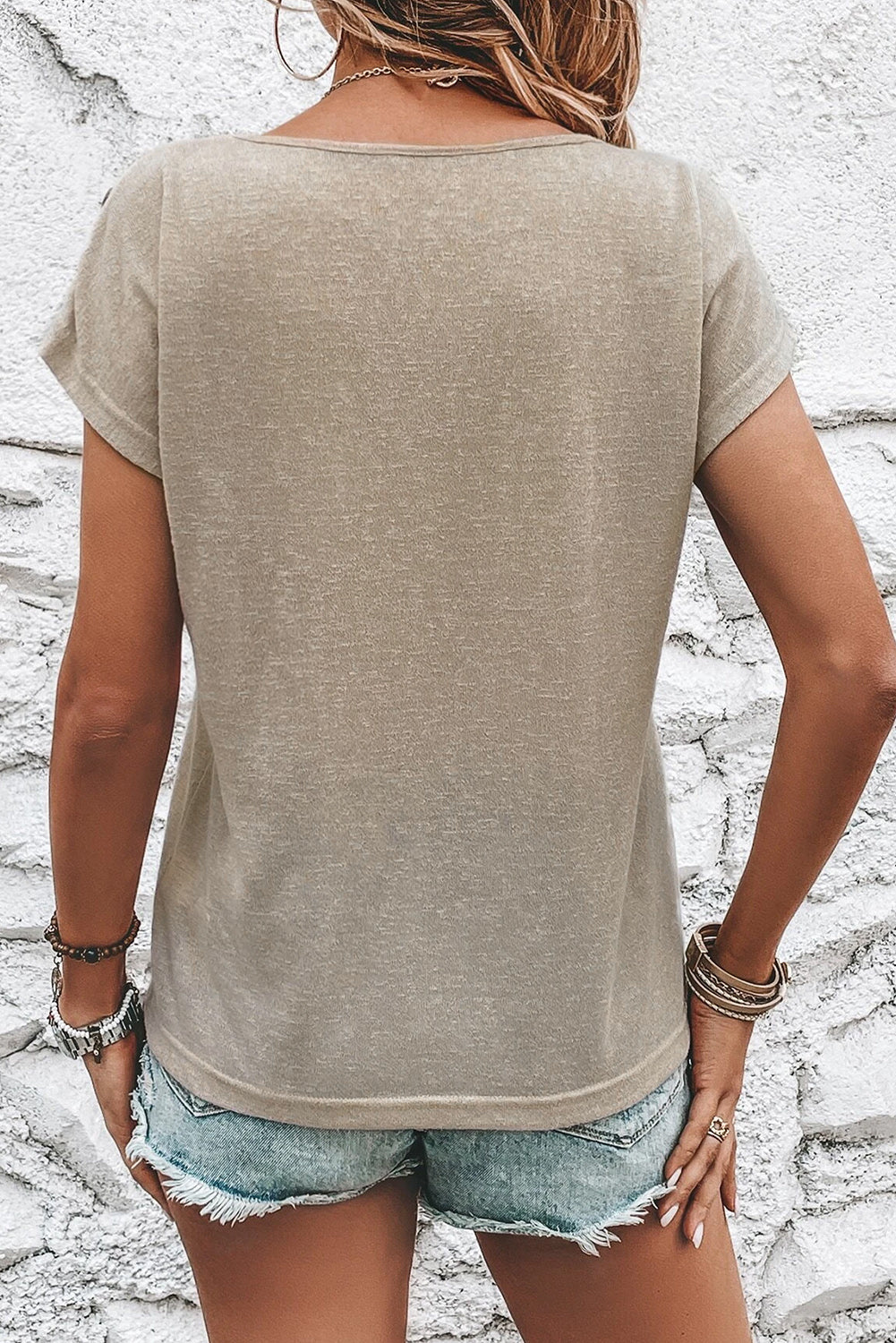 Smoke Gray Button Detail Batwing Sleeve Casual Tee Smoke Gray 97%Polyester+3%Elastane Tops/Tops & Tees by Fleurcouture | Fleurcouture