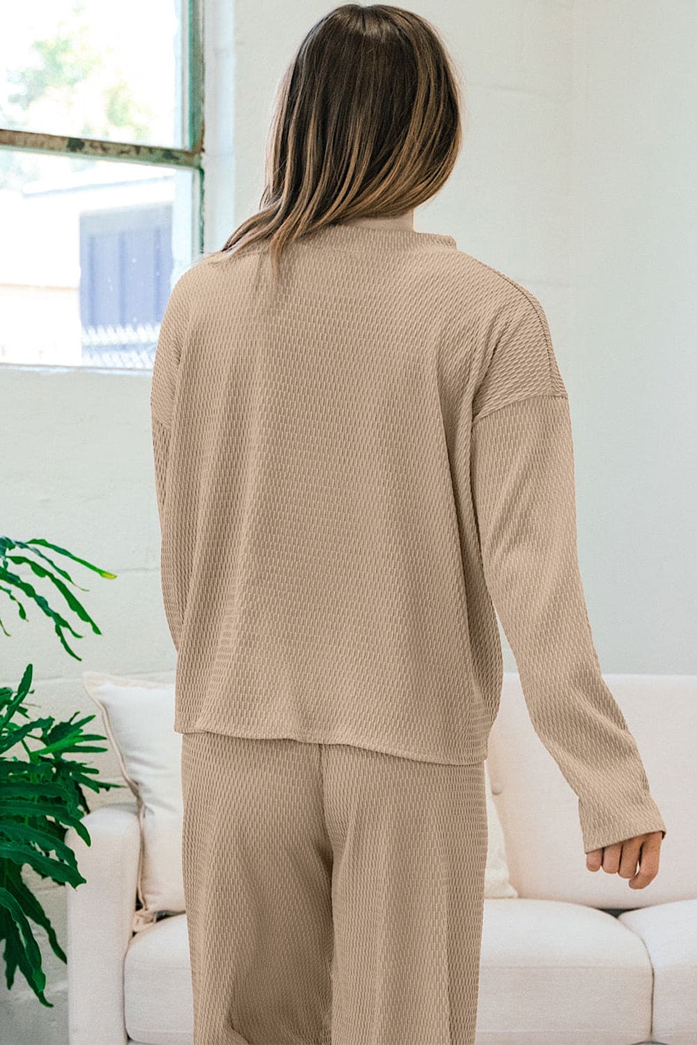 Smoke Gray Loose Textured Pullover and Pants Outfit Smoke Gray 95%Polyester+5%Elastane Loungewear by Fleurcouture | Fleurcouture