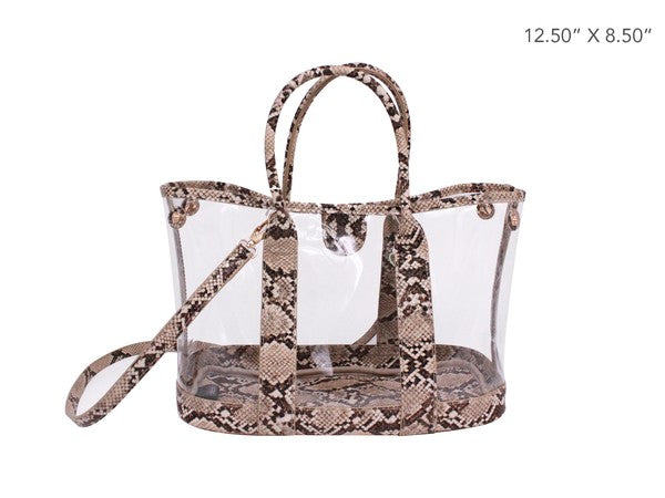 SNAKE TRIM CLEAR BAG BROWN/TACL Os by Bella Chic | Fleurcouture