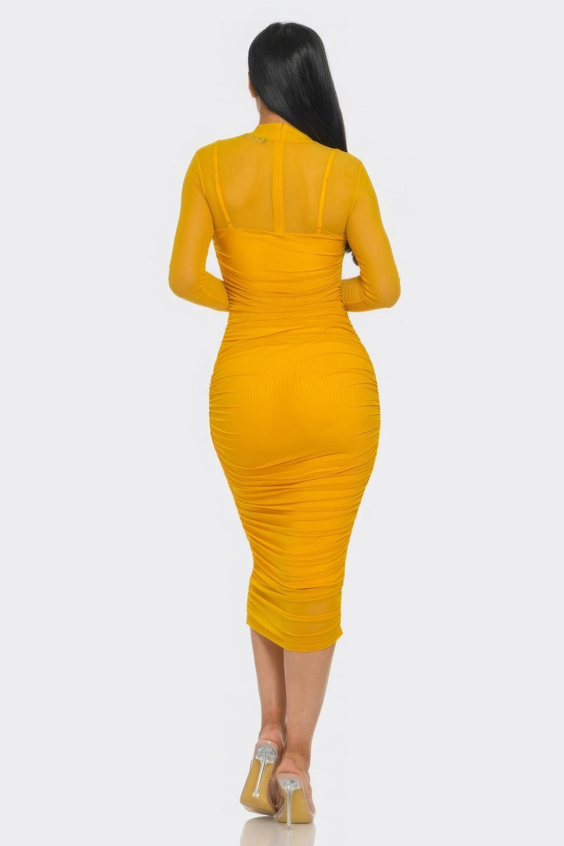 Solid Mesh Ruched Midi Dress by Fleurcouture | Fleurcouture
