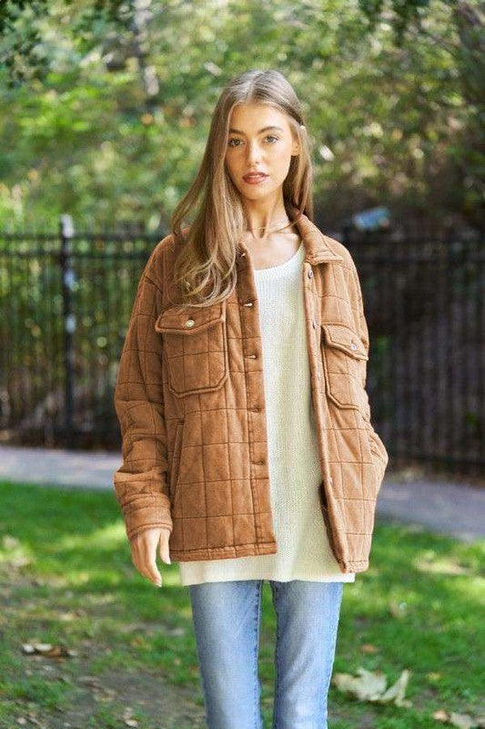 Solid Mineral Wash Quilted Pockets Shacket by Davi & Dani | Fleurcouture