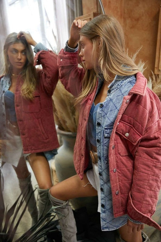 Solid Mineral Wash Quilted Pockets Shacket by Davi & Dani | Fleurcouture