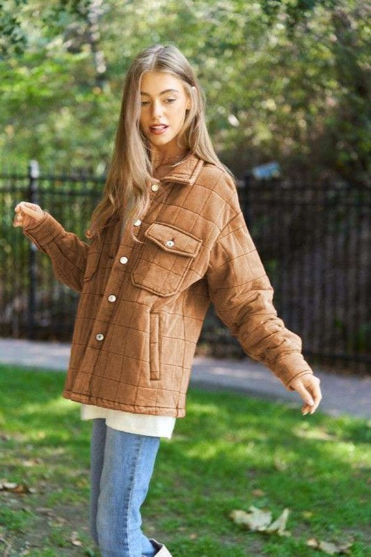 Solid Mineral Wash Quilted Pockets Shacket by Davi & Dani | Fleurcouture