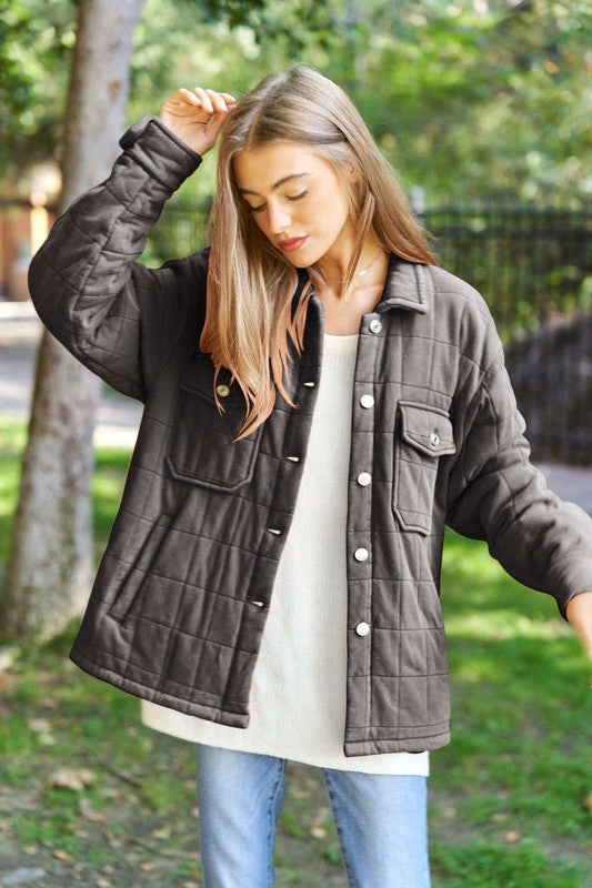 Solid Mineral Wash Quilted Pockets Shacket by Davi & Dani | Fleurcouture