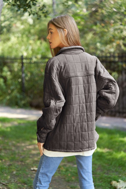 Solid Mineral Wash Quilted Pockets Shacket by Davi & Dani | Fleurcouture