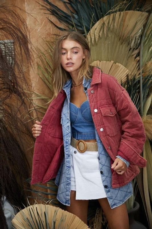 Solid Mineral Wash Quilted Pockets Shacket by Davi & Dani | Fleurcouture