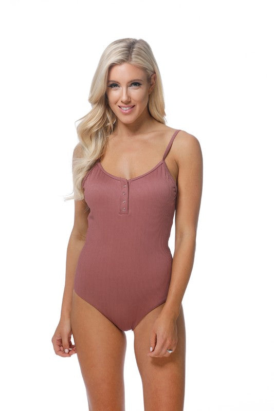 SOLID RIPPBED ONE PIECE SWIMSUIT WITH BUTTON Lip Stick Cord S by Beach Joy Bikini | Fleurcouture