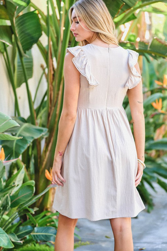 Solid Round Neck Embroidered Mini Dress Taupe by Davi & Dani | Fleurcouture