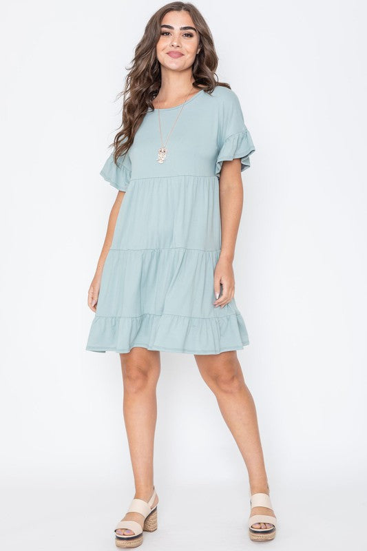 Solid Ruffle Triple Tiered Midi Dress by EG fashion | Fleurcouture