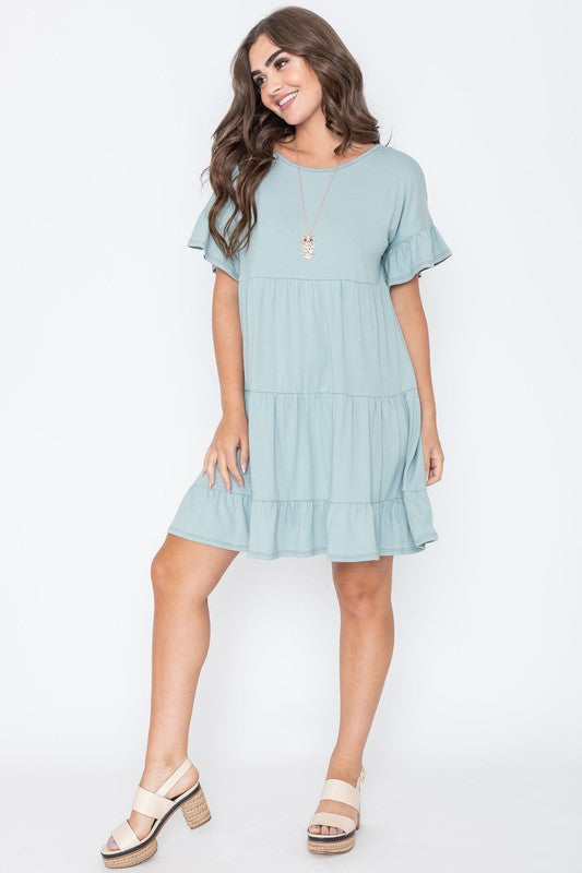 Solid Ruffle Triple Tiered Midi Dress by EG fashion | Fleurcouture