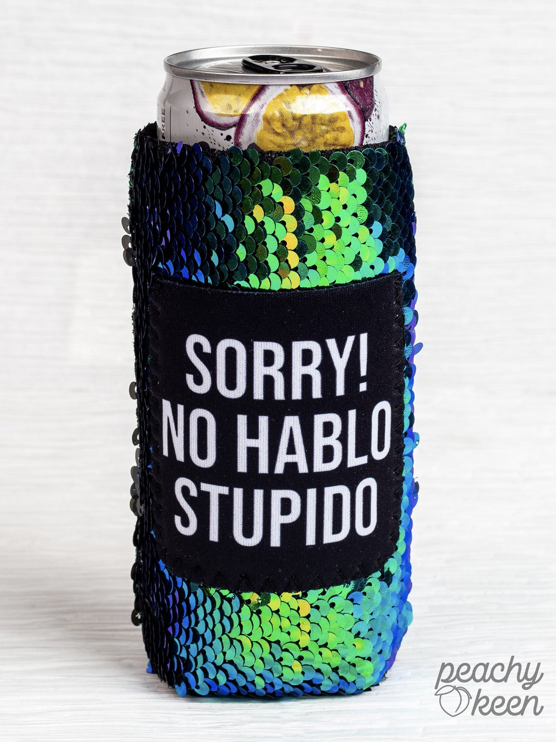 Sorry! No Hablo Stupido Sequin Shifting Slim Can Cooler Multi One Size Can Coolers by Southern Grace | Fleurcouture