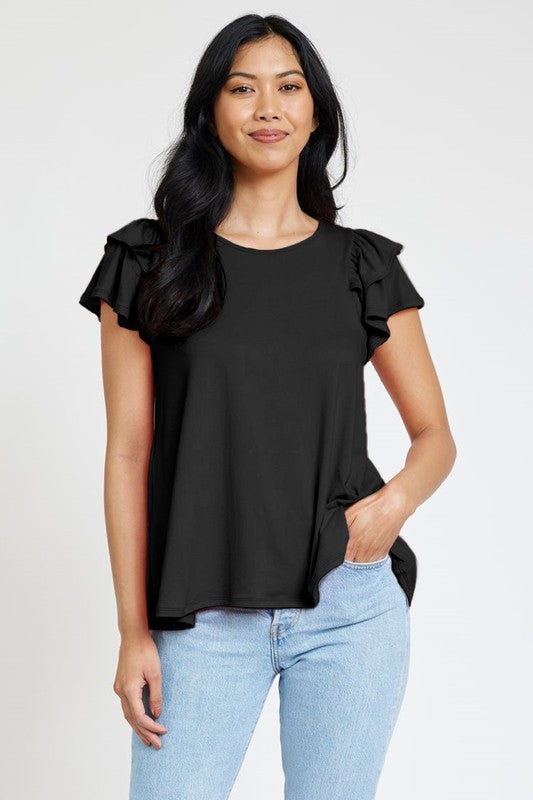 Spring Double Ruffle Sleeve Top Black 1X by EG fashion | Fleurcouture
