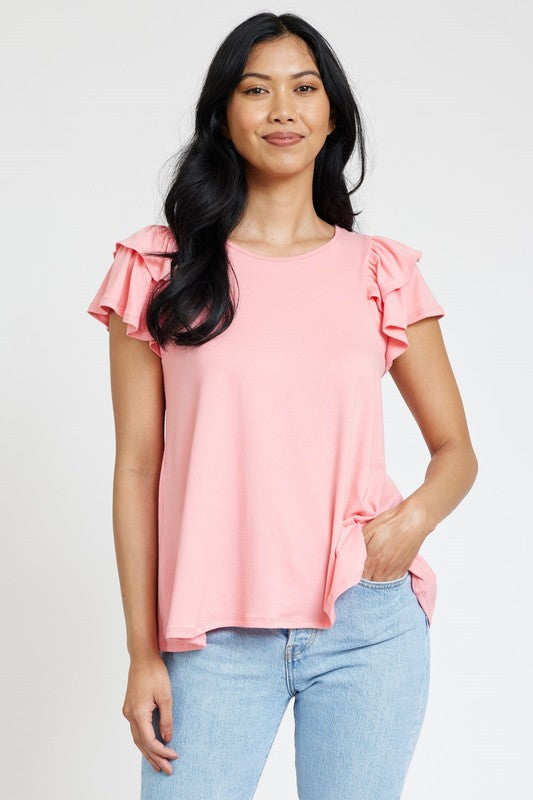 Spring Double Ruffle Sleeve Top coral 1X by EG fashion | Fleurcouture
