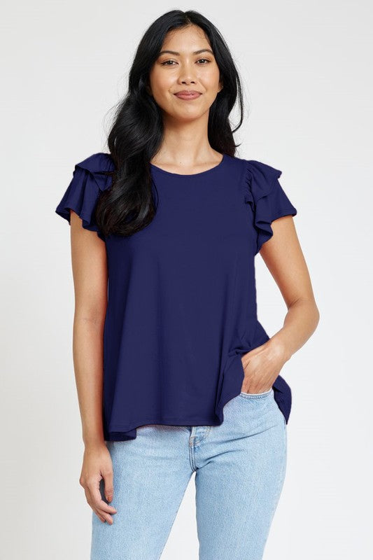 Spring Double Ruffle Sleeve Top Navy 1X by EG fashion | Fleurcouture
